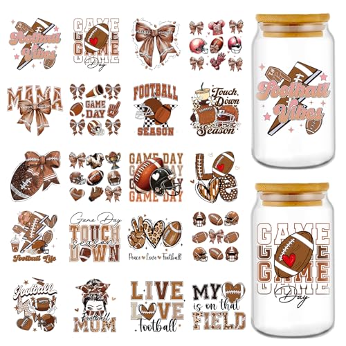 Rngmsi 20 Sheets Football Bow UV DTF Cup Wrap, Cold UV DTF Transfer Sticker | Sports Brown Mama Uvdtf Stickers, Waterproof, Rub on Transfer Decals, for DIY 16 oz Glass Cups Water Bottle Mug Crafts - style: Football Bow