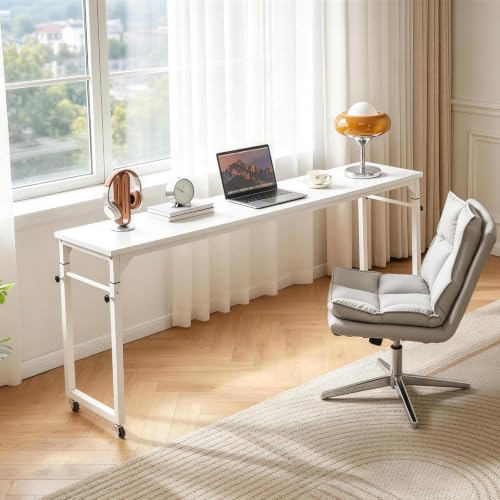 Aibiju Overbed Table with Wheels, Bed Desk with Adjustable Height, Rolling Table, Laptop Table, Recliner Desk, for Bedroom, Living Room, Office, White YD-BT001W - color: White