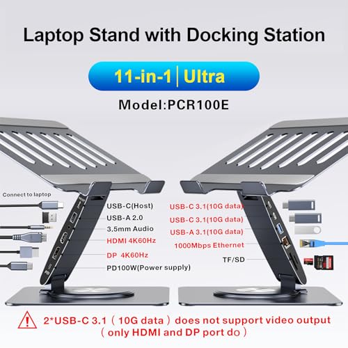 Laptop Docking Station Stand 11-IN-1 Triple Display HDMI DP 4K60Hz Gigabit Ethernet USB3.1 PD100W SD/TF Card Reader Audio 360°Swivel Laptop Stand with USB Hub for MacBookPro/Air/Dell/HP/Surface/Lenovo - color: For Laptop 7-15.6 inches 11-in-1 Ultra