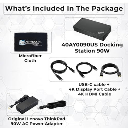 40AY0090US Lenovo Thinkpad Docking Station Dual Monitor - Supports 4K Display, Universal Lenovo Gen 2 Dock with 90W Adapter, HDMI, DisplayPort, USB-C Cables & Cloth (Renewed)