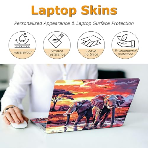Universal Laptop Skin Sticker with 2 Wrist Pad Decals, 3-Piece Removable Vinyl Laptop Cover, Elephants Sunset Waterproof Anti-Scratch, Easy-Trim Fit for 13.3" 14" 15.6" Laptops - color: Elephants Sunset
