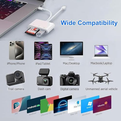 SD Card Reader for iPhone, iPad, USB C Lightning Dual Port SD Card Adapter, Memory Card Reader for Camera Adapter, Support SD, Micro SD, No App Required, Plug and Play