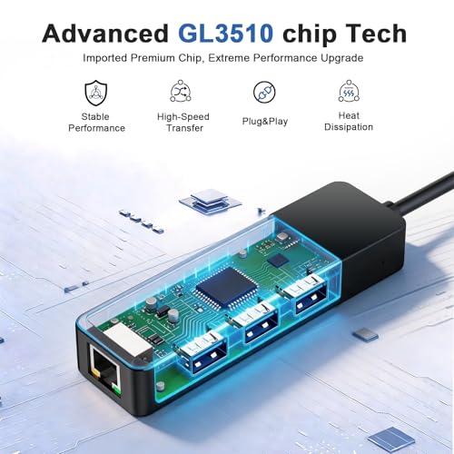 USB to Ethernet Adapter, 3xUSB 3.0 and 1000M RJ45 Network Hub for Laptop | 4-in-1 USB A Hub (Gigabit RJ45 & 3 USB-A ports) Plug & Play for Laptop/PC/MacBook/Surface/Dell XPS, Windows/Mac/Chrome OS - size: 0.95FT -4 in 1 USB A to Ethernet Adapte