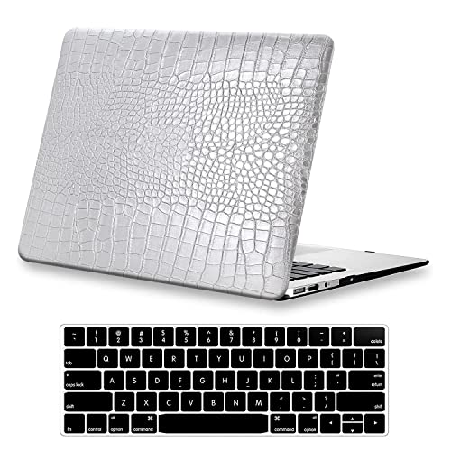 for MacBook Air 13 inch Case M1 2021-2018 A2337 A2179 A1932, Shiny Silver | Crocodile Print MacBook Air 13.3 Case, Alligator Skin Textured Leather Hard Case for Mac Book Air 13 Laptop + Keyboard Cover - color: A50-Shining Crocodile Silver