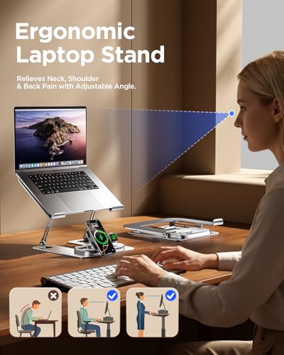 Adjustable Laptop Stand with Wireless Charger, 3-in-1 Charging Station for Phone and Watch, Ergonomic Aluminum Notebook Riser with LED Light, Qi2 Fast Charging (Silvery)