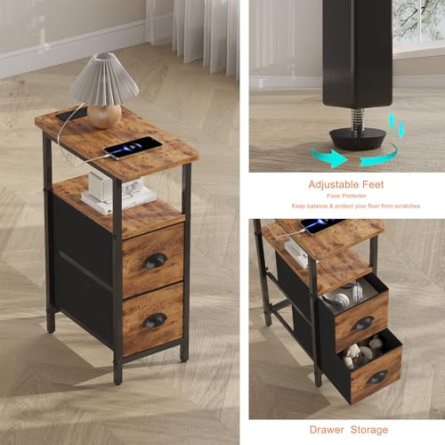 sthmec Narrow End Table with Charging Station, Narrow Side Table with 2 Fabric Drawers, Slim Nightstand, Skinny Bedside Table, Small Side Table for Small Spaces, Living Room, Bedroom, Rustic Brown - color: Rustic Brown, size: 7.87'' W x 15.75'' D x 24.37'