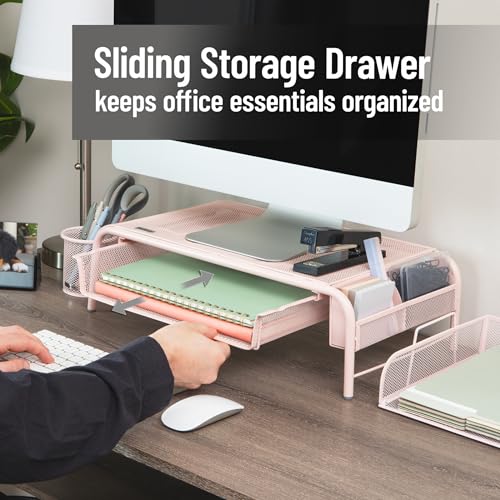Mind Reader Monitor Stand, Ventilated Laptop Riser, Paper Tray, Storage, Office, Metal Mesh, 20"L x 11.5"W x 5.5"H, Pink - color: Pink