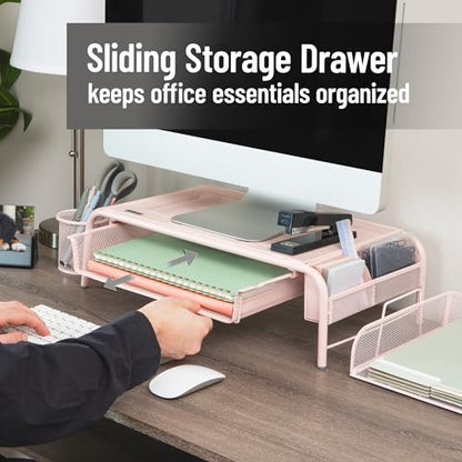 Mind Reader Monitor Stand, Ventilated Laptop Riser, Paper Tray, Storage, Office, Metal Mesh, 20"L x 11.5"W x 5.5"H, Pink - color: Pink