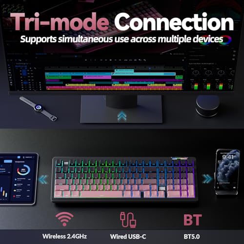 LINGBAO K98 Wireless Mechanical Gaming Keyboard, Tri-Mode Gasket Hot Swap | Linear Switches Creamy Keyboard with Number Pad,96% Layout RGB Backlit Mechanical Keyboard for PC Laptop, Custom Software - color: K98 | 10000mAh | Gradient Black Pink