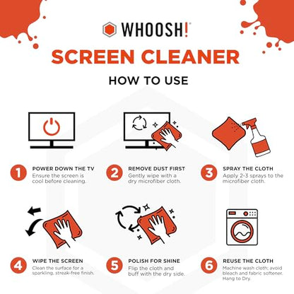 WHOOSH! Screen Shine Pro – Refillable TV Screen Cleaner & Cloth, 16.9 fl oz | Includes 14x14" Microfiber Cloth, For Flat Screens, OLED, LCD, Monitors, Streak Free Finish, Non Toxic & Odorless - size: 16.9 Fl Oz (Pack of 1)