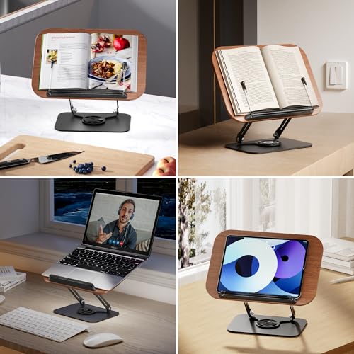 Book Stand for Reading, Adjustable Book Holder with 360° Rotating Bases, Foldable Designs, and Elastic Clips, Multifunctional Display Stand for Recipe, Cookbooks, Magazines, Tablets, Laptops - color: Dark Wood