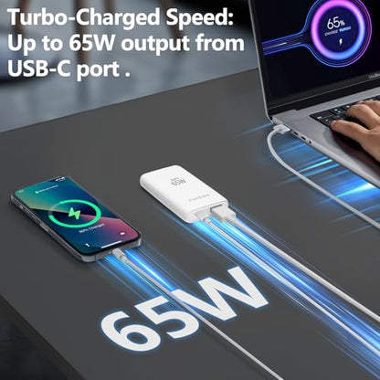 65W Flat GaN USB C Charger,Dual-Port Fast Wall Charger,PD 3.0 & QC 4.0,Foldable Plug for MacBook Pro/Air, iPhone 15, iPad Pro, Galaxy S24, Steam Deck & More (White) - color: White