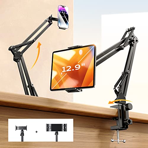 LISEN Tablet Stand iPad Stand for Desk Mount [Ultra Sturdy 2 Clamps] iPad Holder for Tablet Holder Mount Desk Accessories for Men fits iPad Air, iPad 12, iPhone 17e, 4-13" Device (Black) - color: Black