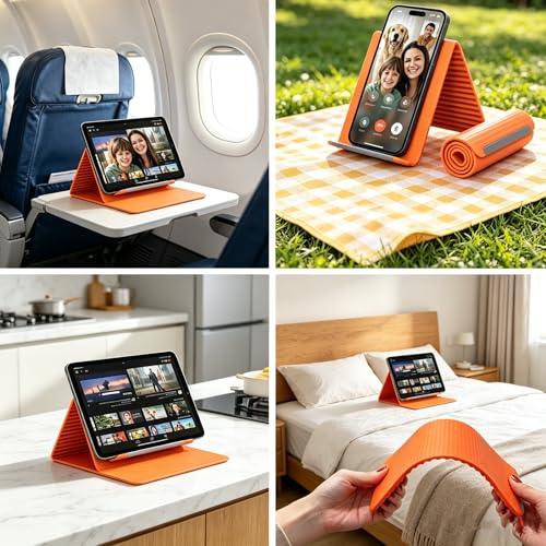 Portable Foldable Silicone Phone Holder, Flexible Silicone Aluminum Airplane Phone Holde,Bendable Rollable Foldable Design, for Phone Tablet Laptop, Portable Ergonomic Holder (Orange)