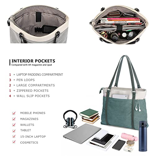 Laptop Tote Bag for Women, 15.6 Inch Work Bag with Laptop Compartment and Zipper, Canvas Computer Tote for Teacher - color: Green