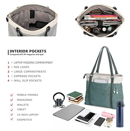 Laptop Tote Bag for Women, 15.6 Inch Work Bag with Laptop Compartment and Zipper, Canvas Computer Tote for Teacher - color: Green