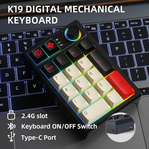 KEYCOOL K19 Wireless Numeric Keyboard, Mechanical Number Keypad Hot-swappable Bluetooth Numpad 5.0/2.4GHz, RGB Multi-Function Knob Numerical Keyboard for Laptop Mac Win iOS Android - color: Earl Red 19 Key