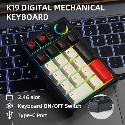KEYCOOL K19 Wireless Numeric Keyboard, Mechanical Number Keypad Hot-swappable Bluetooth Numpad 5.0/2.4GHz, RGB Multi-Function Knob Numerical Keyboard for Laptop Mac Win iOS Android - color: Earl Red 19 Key