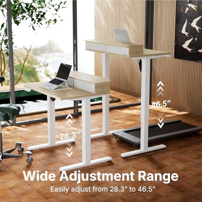 HUANUO 32" X 21" Electric Standing Desk with 2 Drawers, C-Clamp Mount Compatible, Height Adjustable Computer Desk, Home Office Stand Up Desk with 4 Preset Heights & 2 Hooks, Light Walnut - color: Light Walnut, size: 32" X 21"