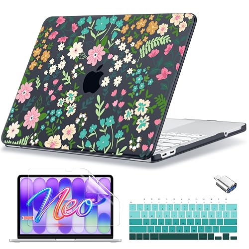 MecBevia Compatible with MacBook Neo Case 13 inch 2026 A3404 A18 Pro Chip | 4-in-1 Kit, Neo Hard Shell Case Cover & Keyboard Cover & Screen Protector & Type C, Floral Print - color: Floral Print