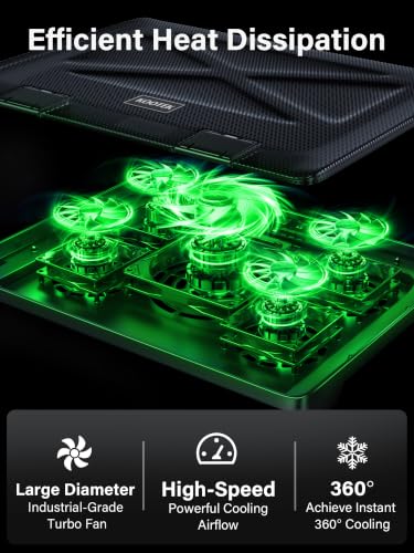 Kootek Laptop Cooling Pad Cooler Stand with 5 Quiet Fans for 12"-17" Laptop | 5 Fans, USB Powered, Laptop Cooling Stand with 2 USB Hub, 6 Adjustable Height, 360° Cooling Coverage, Anti-Slip, Green LED - color: Green