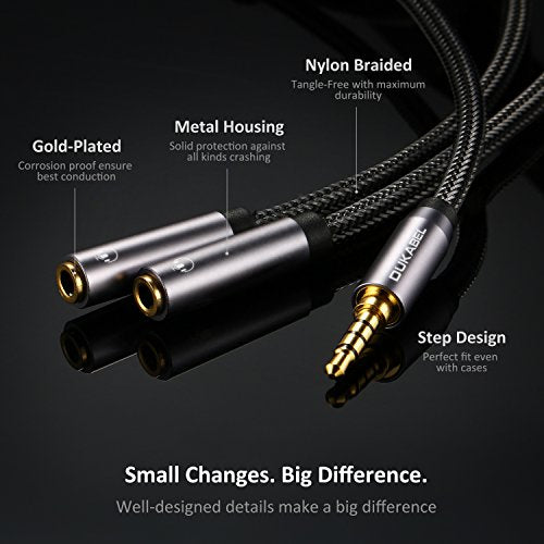 DUKABEL Long Headphone Splitter (4ft / 1.2m) Shielded 4-Pole TRRS 3.5 Y Splitter Cable 2-Way Female to Male Headphone Adapter Stereo Audio/Crystal-Nylon Braided / 24K Gold Plated / 99.99% 4N OFC - size: 48inch / 120cm