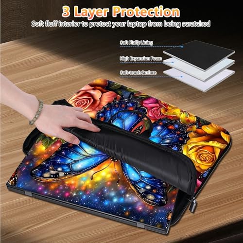 10 inch Laptop Sleeve with Laptop Skin Sticker Set – Slim Protective Case with Smooth Zipper, Lightweight Tablet & Notebook Sleeve for Travel & Daily Carry, Rose Blue Butterfly - color: Rose Blue Butterfly, size: 10 inch
