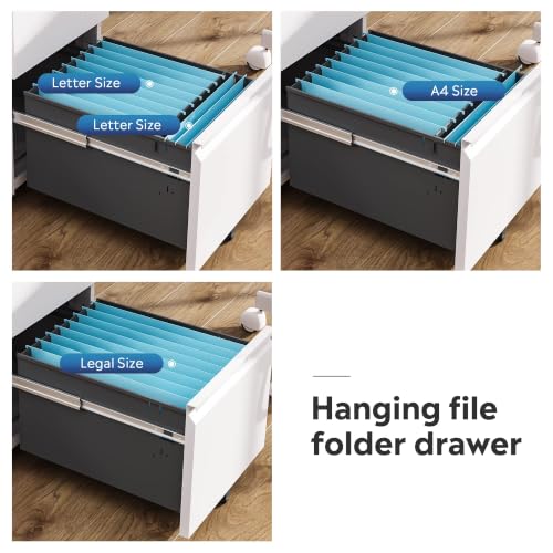 DEVAISE 2 Drawer File Cabinet with Lock for Home Office, Fully Assembled | Under Desk Metal Filing Cabinet with Wheels, Fits Letter/Legal/A4 Size, White - color: White, size: 17"D x 15"W x 27"H