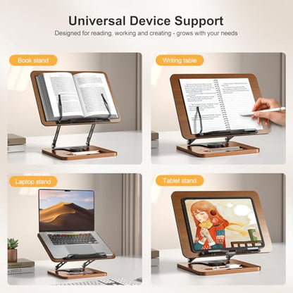 OPTIXCELL Book Stand for Reading, 360° Rotating Book Holder, Page Clips | Hands Free, Built-in Storage Tray, Adjustable Height Angle, Non-Slip, Foldable 13.3x9.4x1.9in, Fits Cookbook Tablet & Laptop - style: Book Stand