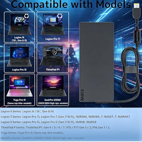 330w AC Adapter Power Supply Compatible with Lenovo Legion Pro 9 7 7i 5 5i 16IRX9H 16IRX8H 16ARX8H 16IRX8 RTX 4070 4080 4090 ThinkPad P15 P16 P17 Gaming ADL330SDC3A Square Tip Laptop Charger