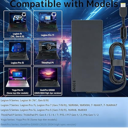 330w AC Adapter Power Supply Compatible with Lenovo Legion Pro 9 7 7i 5 5i 16IRX9H 16IRX8H 16ARX8H 16IRX8 RTX 4070 4080 4090 ThinkPad P15 P16 P17 Gaming ADL330SDC3A Square Tip Laptop Charger