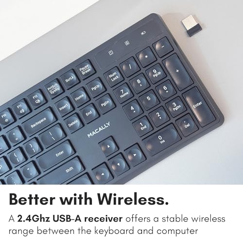 Macally Wireless Keyboard | 2.4G Computer Keyboard (Full Size, Quiet Keys) All Day Comfortable Typing with Wireless USB for Laptop, Desktop PC, Surface, Chromebook, Notebook