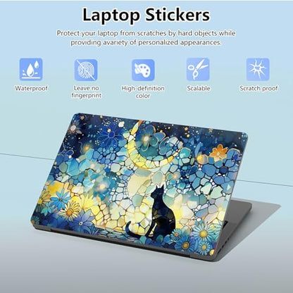 Universal Laptop Skin Sticker with 2 Wrist Pad Skins, Waterproof Scratch Resistant Vinyl Laptop Cover Decal, Cut to Fit for 11–15.6 Inch MacBook HP Dell Lenovo, Glass Cat Moon - color: Glass Cat Moon