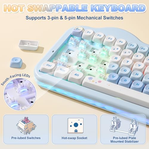 YUNZII C75 Cute 75% Wireless Mechanical Keyboard (Blue, Milk V2 Switch) | Creamy Cake Keyboard, BT5.0/2.4G/USB-C, Hot-Swap, NKRO, PBT MOA Keycaps,5500mAh RGB Gasket Mount for Mac/Win/Gaming/Office - color: Blue, size: Milk V2 Switch