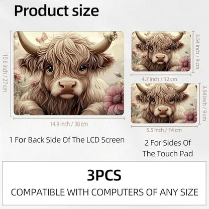Highland Cow Butterfly Floral Universal Laptop Skin Sticker 3PCS, Protective Decal Trim-to-Fit 11.6" 13.3" 14" 15.6" Laptop Vinyl Cover, Removable Anti-Scratch Computer Decal Protector - color: Highland Cow Butterfly Floral