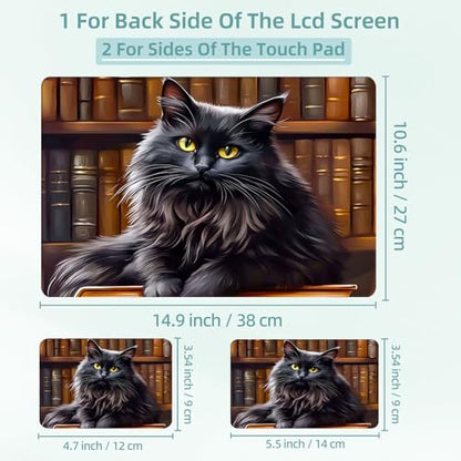 Universal Laptop Skin Decal, 3-Piece Vinyl Protector for 12 13 14 15.6" Notebook, Waterproof Anti-Scratch, Easy Trim & Bubble-Free Finish, Black Cat Sitting Book - color: Black Cat Sitting Book