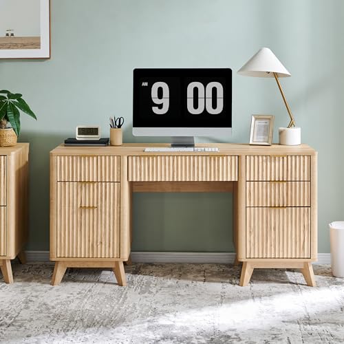 T4TREAM Fluted Executive Desk with Drawers, 60" Modern Home Office Computer Desk with Charging Station, File Cabinet, Keyboard Tray and Storage Cabinet for Study, Living Room, Bedroom, Natural Oak - color: Natural Oak