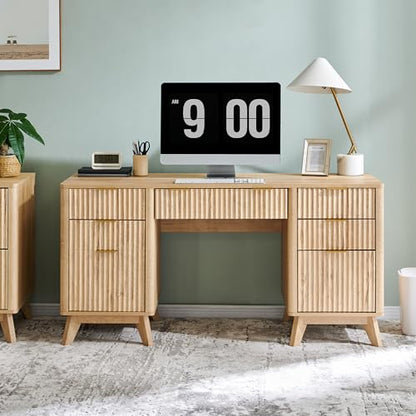 T4TREAM Fluted Executive Desk with Drawers, 60" Modern Home Office Computer Desk with Charging Station, File Cabinet, Keyboard Tray and Storage Cabinet for Study, Living Room, Bedroom, Natural Oak - color: Natural Oak