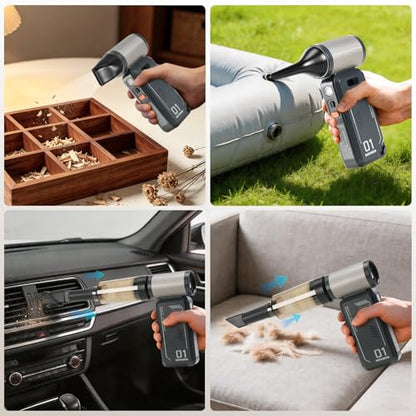 130,000 RPM Rechargeable Compressed Air Duster, Black | Stepless airflow, LED work light and 4 attachments for keyboards, computers, cars and narrow spaces - color: Black