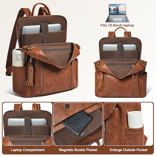 Laptop Backpack for Women 15.6 inch,Travel Leather Backpack Purse Nurse Teacher Carry on Backpack Computer Bag,Professional Water-Resistant College Business Work Casual Daypack,Brown - color: Crazy Horse Brown02