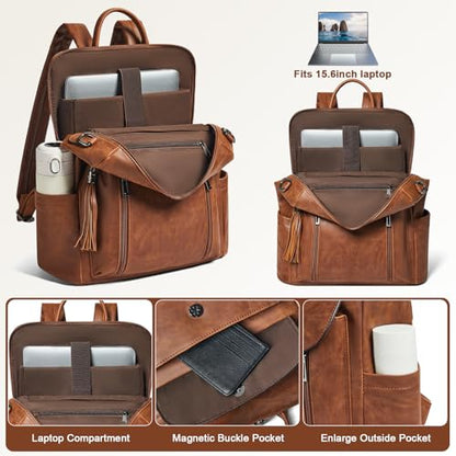 Laptop Backpack for Women 15.6 inch,Travel Leather Backpack Purse Nurse Teacher Carry on Backpack Computer Bag,Professional Water-Resistant College Business Work Casual Daypack,Brown - color: Crazy Horse Brown02