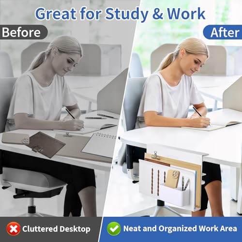 LUKETURE Desk Side Storage, No Drill Laptop Mount with Pen Holder, Clamp-On | Fits Flat Edge Desks 0.3 to 2.8 Inches,Secure Grip on Wood, Glass, or Metal Surfaces Without Slipping - color: White(1 Tie)