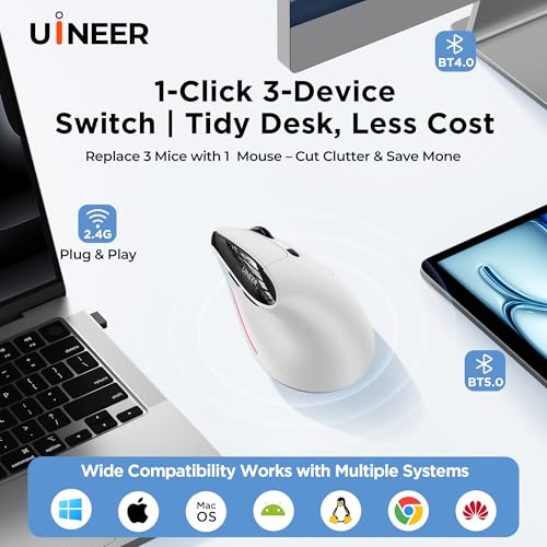 Uineer Ergonomic Wireless Vertical Mouse, 3-Mode Bluetooth 5.0/4.0 & 2.4GHz | Rechargeable, USB-A Receiver, Silent Computer Mouse for Laptop, Mac, iPad and PC, 4 DPI Levels, LED Light, 3-Device Switching