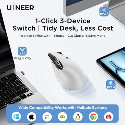 Uineer Ergonomic Wireless Vertical Mouse, 3-Mode Bluetooth 5.0/4.0 & 2.4GHz | Rechargeable, USB-A Receiver, Silent Computer Mouse for Laptop, Mac, iPad and PC, 4 DPI Levels, LED Light, 3-Device Switching