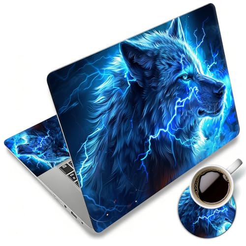 Laptop Skin Sticker Decal 12"-15.6" Universal Laptop/Notebook/Netbook Vinyl - Waterproof Scratch Resistant,Fits HP Dell Lenovo MacBook,2 Free Wrist Pads,Easy Apply & Remove,Blue Glitter Wolf - color: Blue Glitter Wolf