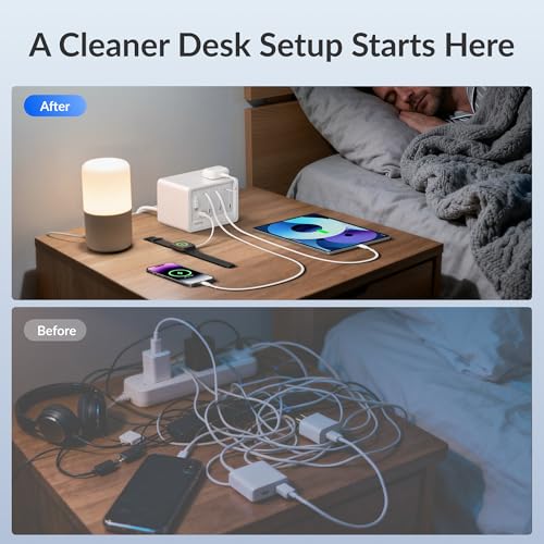 12-in-1 Desktop Modular Charging Station, 4 65W USB C Retractable Chargers with 33.5in Built-in Cables, ETL Surge Protector Charging Hub for Laptop, Phone, Tablet, Home Office Desk, White - color: White