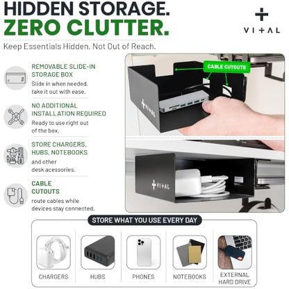 VI+AL Under Desk Laptop Mount - Hidden Metal Shelf with Side Storage, Hook & Cable Organizer - Installs with Tape & Screws - Fits Devices up to 1.7" Thick - Deluxe - style: Deluxe