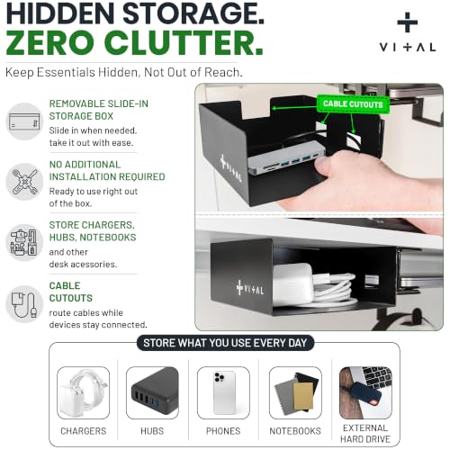 VI+AL Under Desk Laptop Mount - Hidden Metal Shelf with Side Storage, Hook & Cable Organizer - Installs with Tape & Screws - Fits Devices up to 1.7" Thick - Deluxe - style: Deluxe