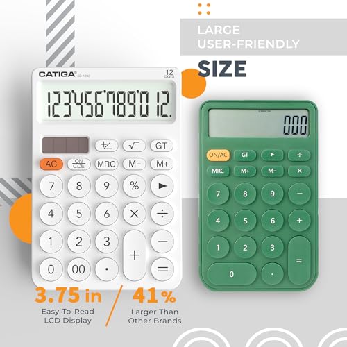 CATIGA 12 Digit Desktop Calculator Basic Desk Calculator with Large LCD Display, Big Buttons, 4 Function, Solar and Battery Dual Power, for Office, School, Home, SD-1292 White - color: 4) White