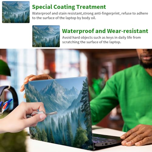 Laptop Skin Sticker Decal, Universal Protective Cover Fit 12 13 14 15.6 Inch Notebook, Reusable Water-Resistant Vinyl Decal w/ 2 Wrist Pads for Business Travel Office, Green Forest Mountains - color: Green Forest Mountains